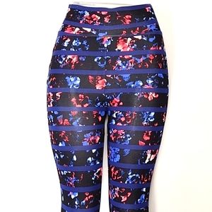 Bebe Floral Leggings High Waisted Women's XS Athletic Blue Stripe Logo Zipper